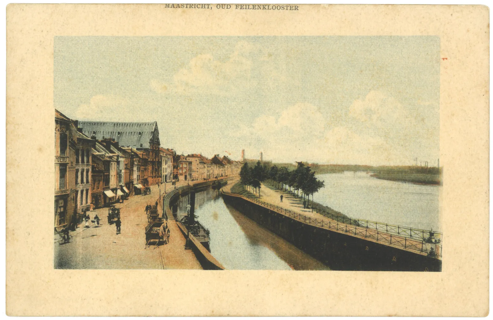 Oude ingekleurde ansichtkaart van de Maaskade in Maastricht bij het oude Feilenklooster