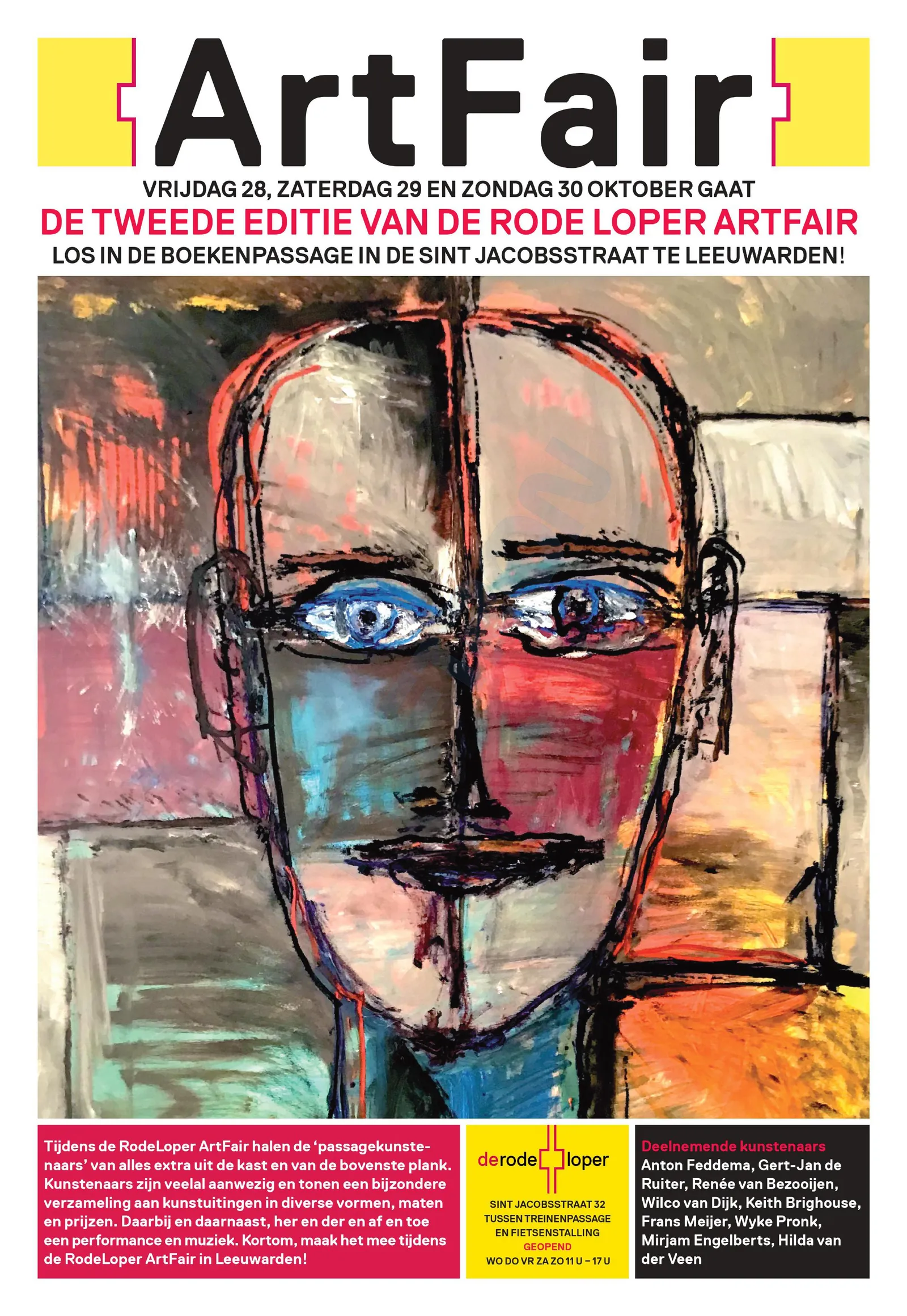 Affiche van de tweede Rode Loper ArtFair in de boekenpassage aan de Sint Jacobsstraat
