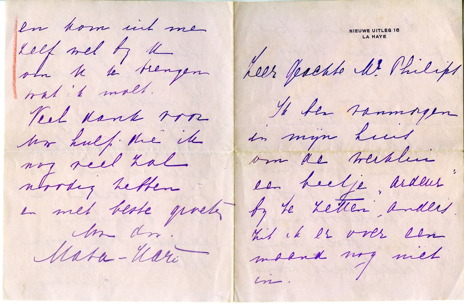 Handgeschreven brief in paarse inkt op briefpapier van Nieuwe Uitleg 16, La Haye, ondertekend Mata-Hari