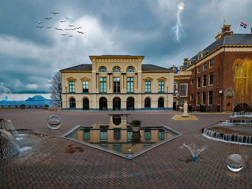 Fotomontage van het Gouverneursplein in Leeuwarden met glazen bollen, watervallen, een bliksemschicht en een ijsberg aan de horizon